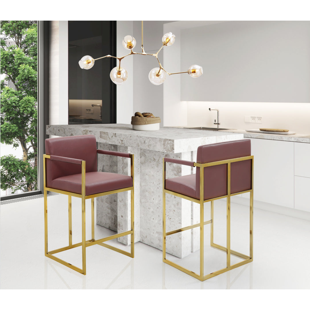 Gertrude Bar Stool or Counter Stool Chair PU Leather Upholstered Square Arm Design Architectural Goldtone Solid Metal Image 8