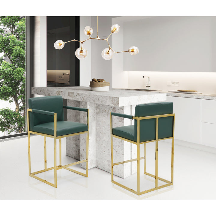 Gertrude Bar Stool or Counter Stool Chair PU Leather Upholstered Square Arm Design Architectural Goldtone Solid Metal Image 1
