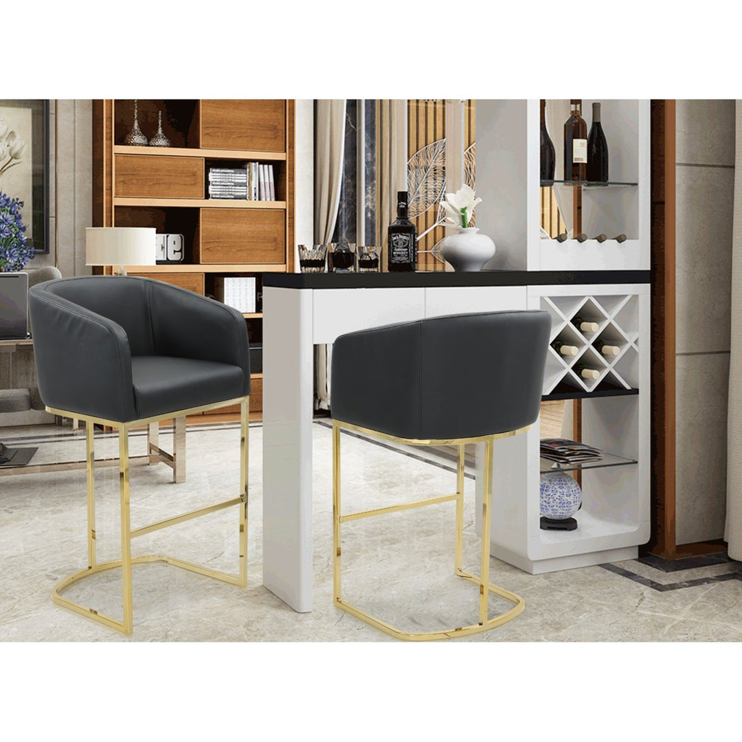 Tahiti Bar Stool or Counter Stool Chair PU Leather Upholstered Shelter Arm Design Half-Moon Goldtone Solid Metal Image 1