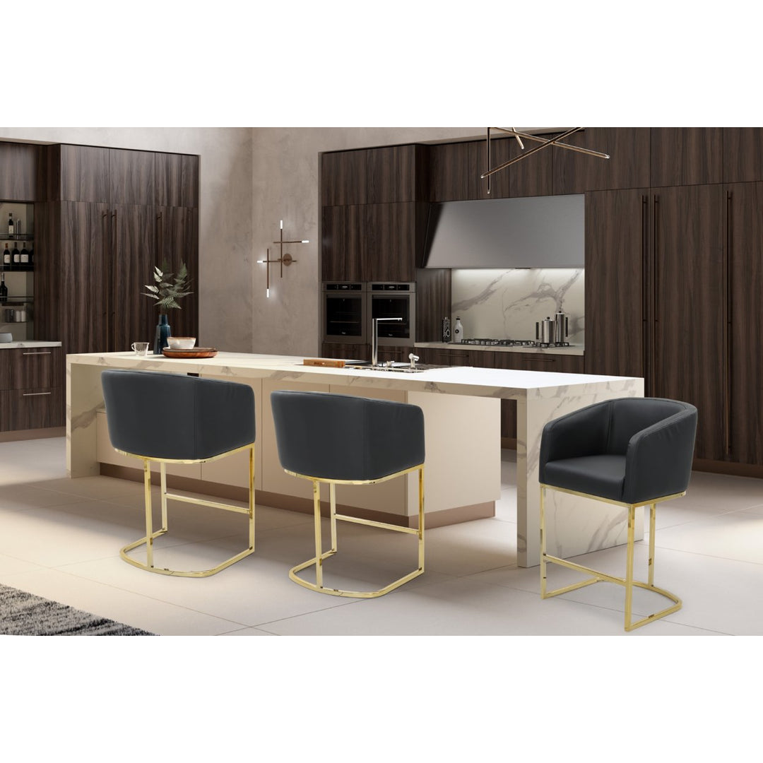 Tahiti Bar Stool or Counter Stool Chair PU Leather Upholstered Shelter Arm Design Half-Moon Goldtone Solid Metal Image 1