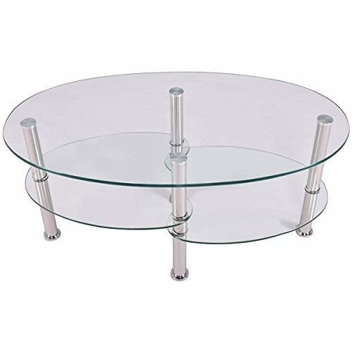 Casart Glass Coffee Table 2-Tire Modern Oval Smooth Glass Tea Table End Table for Home Office Tempered Glass Chrome Image 1