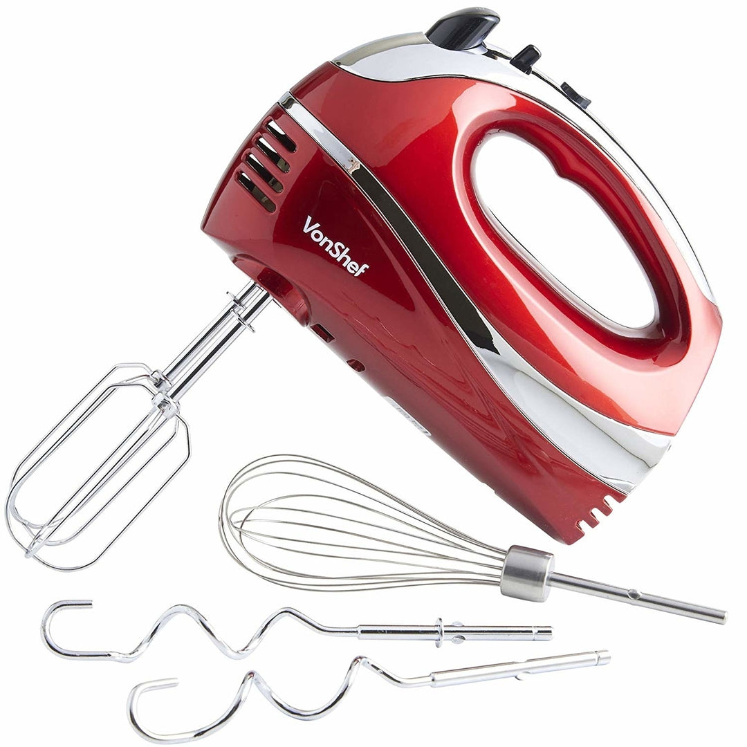 VonShef Electric Hand Mixer Whisk Stainless Steel Attachments, 5-Speed Turbo Button, Includes; Beaters, Dough Hooks, Image 1