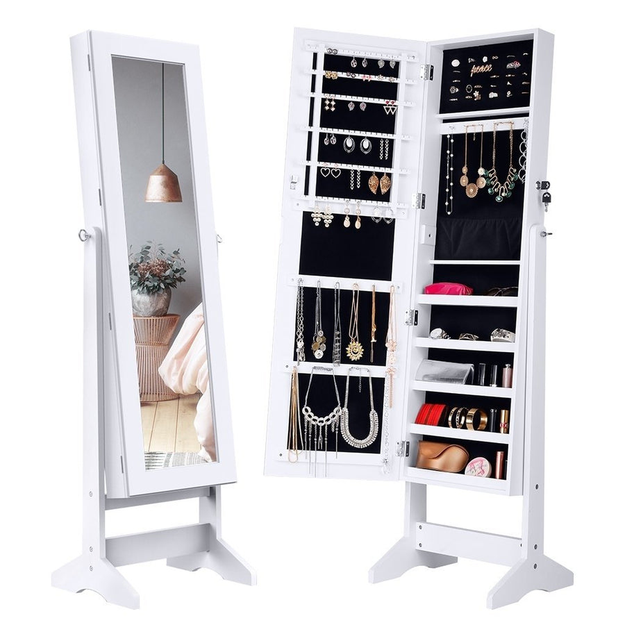 LANGRIA Lockable Jewelry Cabinet Standing Armoire Organizer Mirror, Full Length Standing Jewelry Storage, 4 Angle Image 1