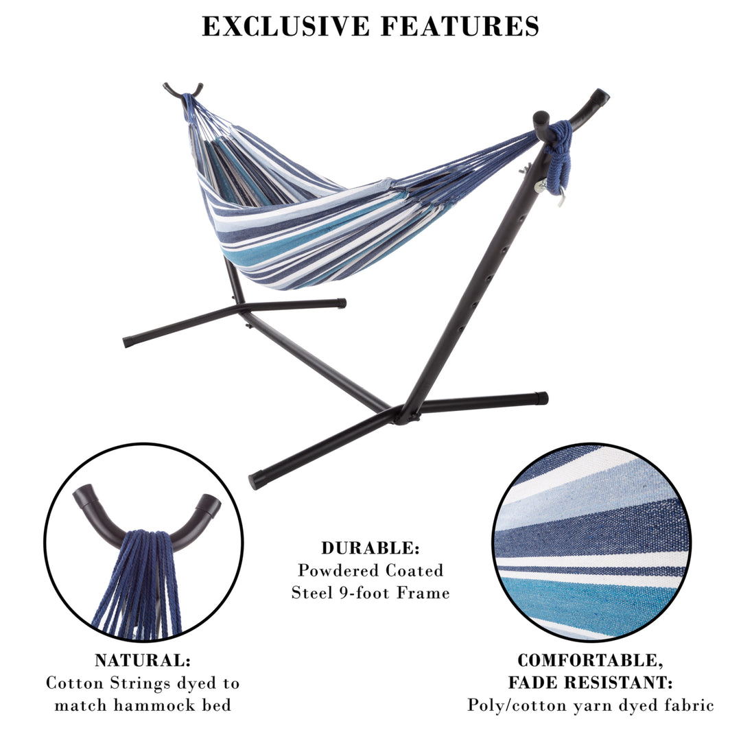 Double Brazilian Hammock with Stand Woven Cotton, 2-Person, Outdoor Swing with Frame Image 3