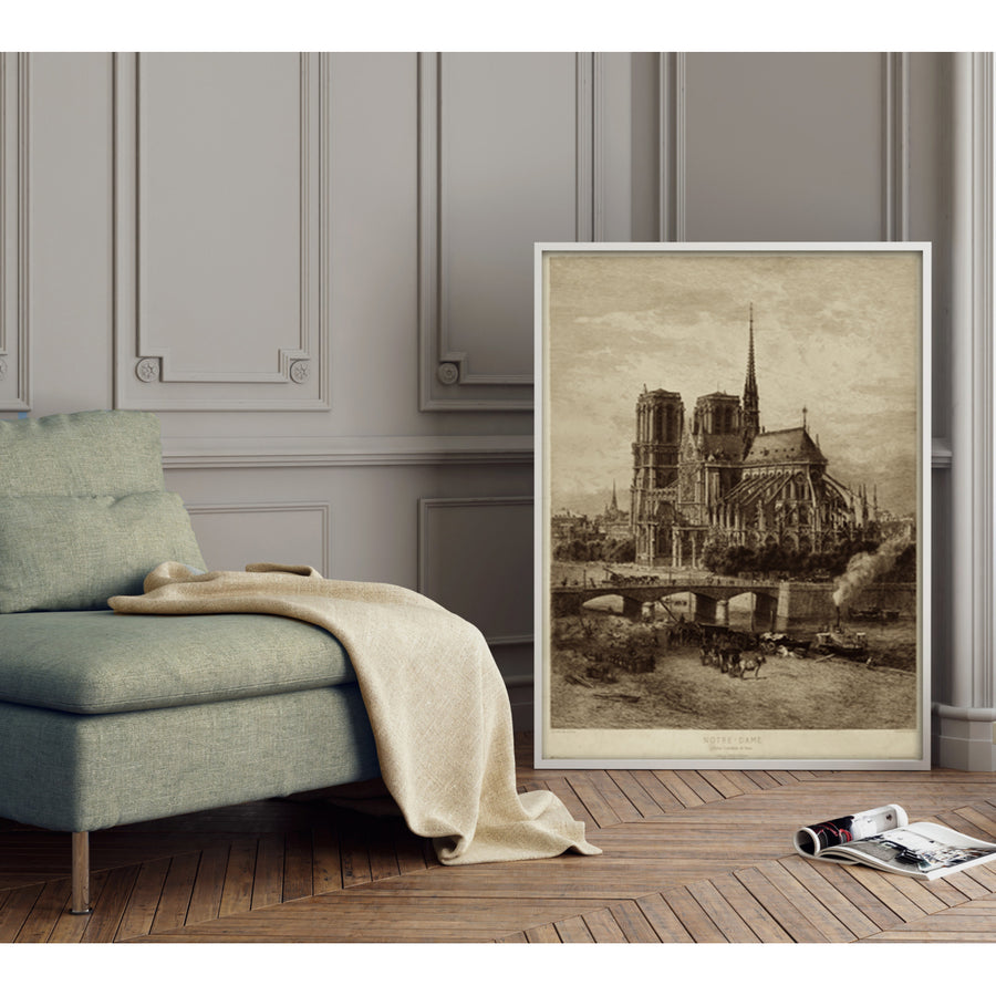 Notre Dame Iconic image architecture Old World Etching Style wall art Historic Notre Dame art Eglise Cathdrale de Paris Image 1
