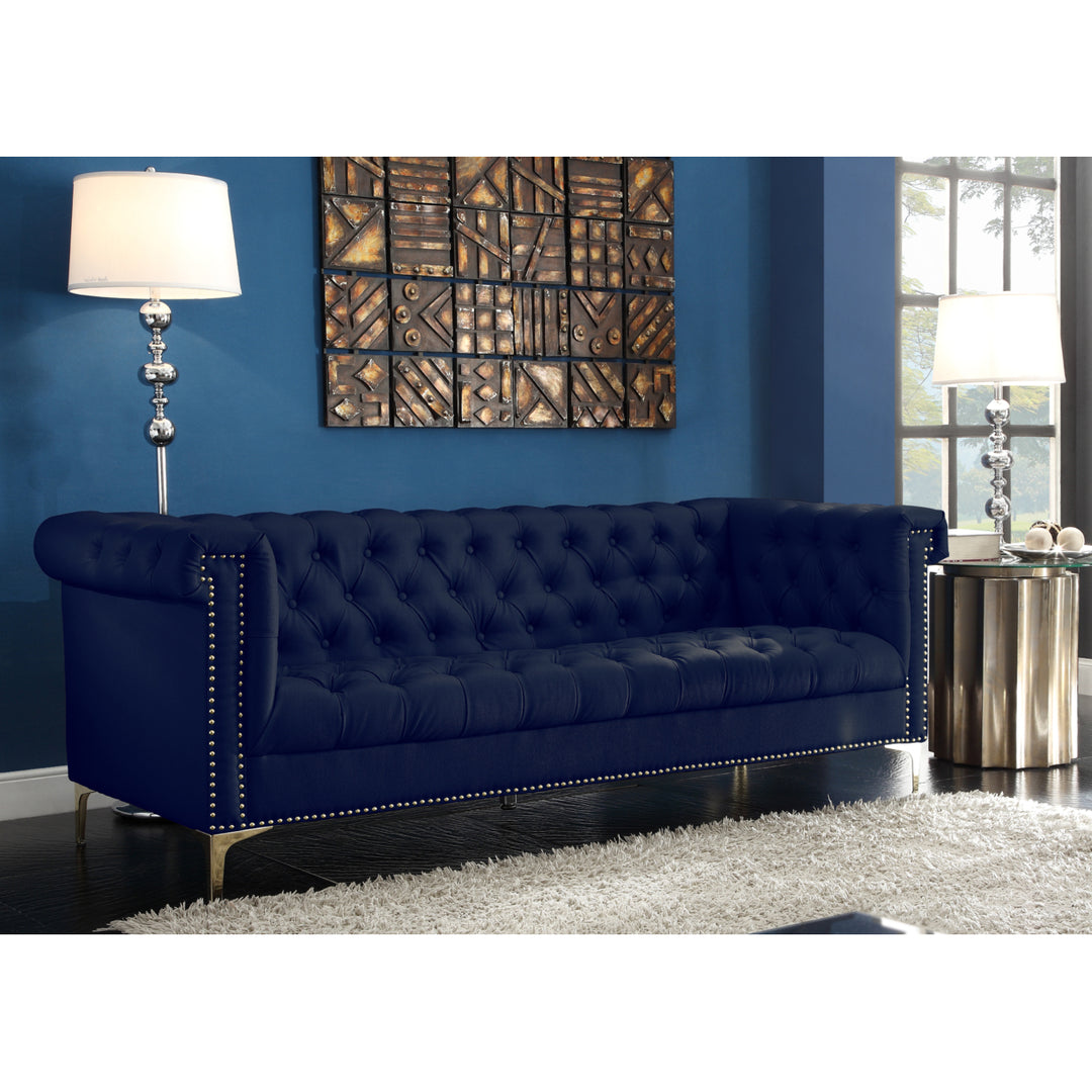 MacArthur PU Leather Modern Contemporary Button Tufted with Gold Nailhead Trim Goldtone Metal Y-leg Sofa Image 5