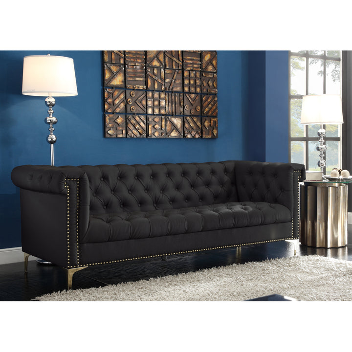 MacArthur PU Leather Modern Contemporary Button Tufted with Gold Nailhead Trim Goldtone Metal Y-leg Sofa Image 2