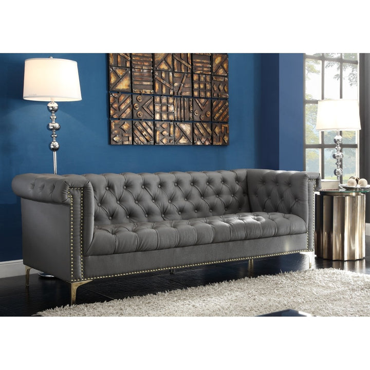 MacArthur PU Leather Modern Contemporary Button Tufted with Gold Nailhead Trim Goldtone Metal Y-leg Sofa Image 3
