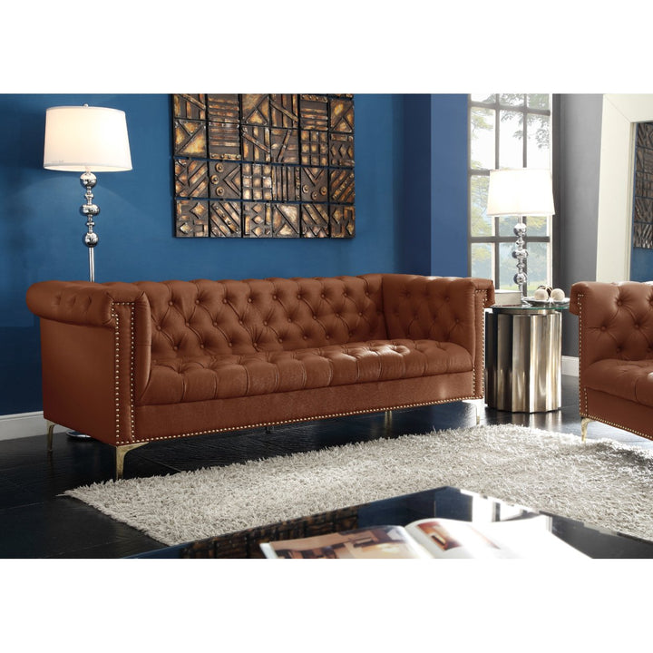 MacArthur PU Leather Modern Contemporary Button Tufted with Gold Nailhead Trim Goldtone Metal Y-leg Sofa Image 1