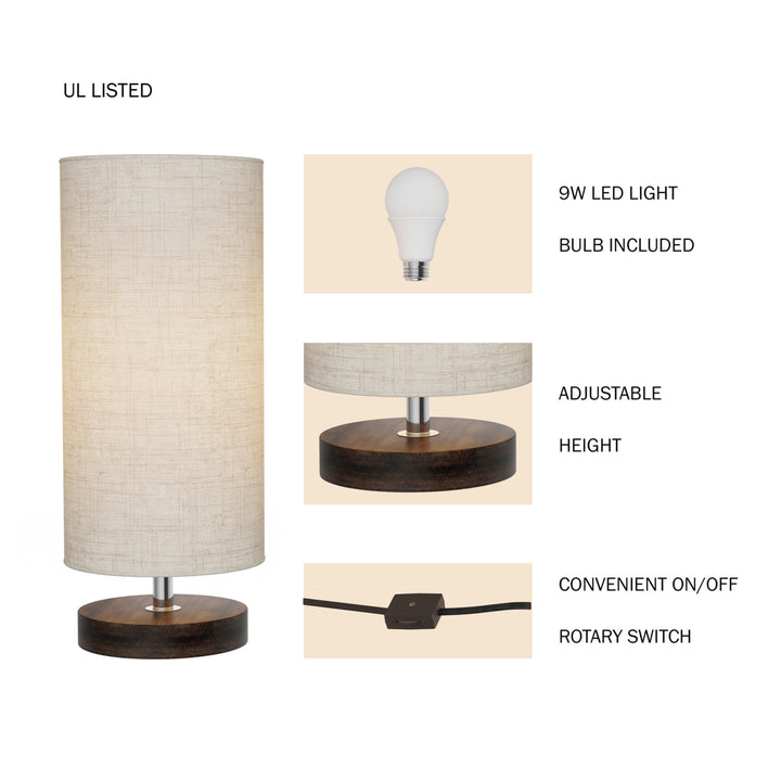 Cylinder Lamp with Wood Base-Modern Light with LED Bulb Included Adjustable Height for Living Room Image 4