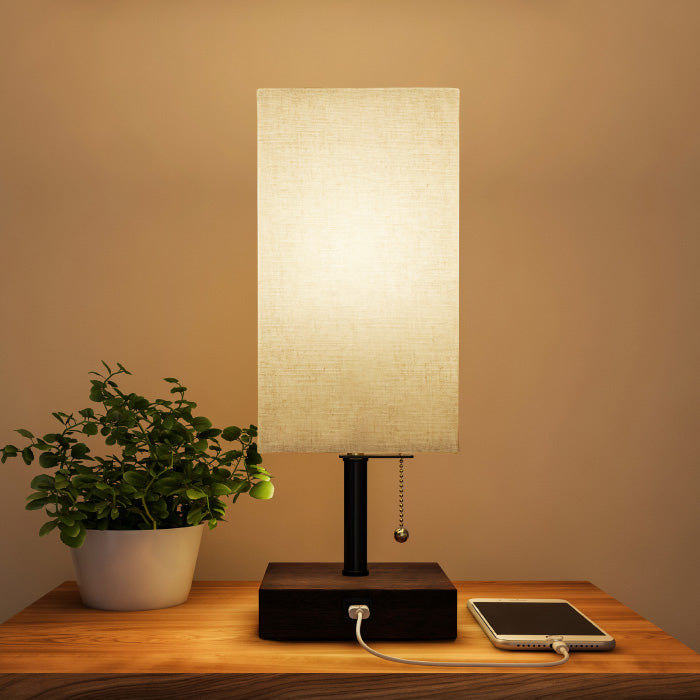 USB Rectangle Lamp with Wood Base-Modern Desk Light, LED Bulb Included, USB Port for Living Room Image 1