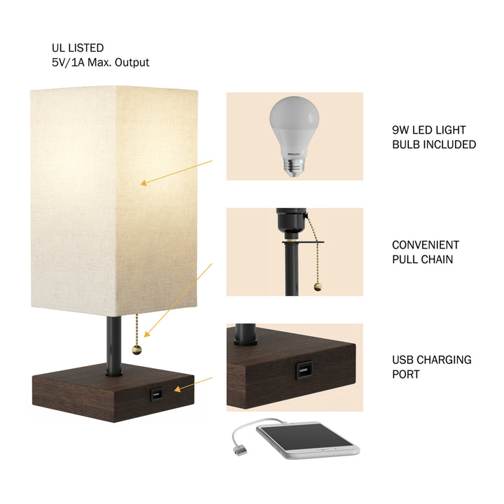USB Rectangle Lamp with Wood Base-Modern Desk Light, LED Bulb Included, USB Port for Living Room Image 4