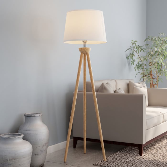 Tripod Floor Lamp-Modern Light with LED Bulb Included-Natural Oak Wood with White Shade Image 1