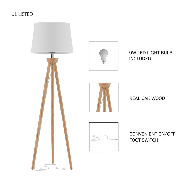 Tripod Floor Lamp-Modern Light with LED Bulb Included-Natural Oak Wood with White Shade Image 4