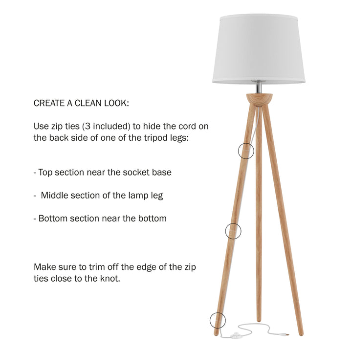 Tripod Floor Lamp-Modern Light with LED Bulb Included-Natural Oak Wood with White Shade Image 5