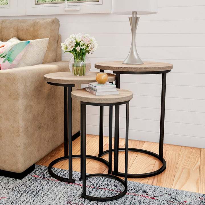 Round Nesting Tables-Set of 3, Modern Woodgrain Look for Living Room Coffee Tables or Nightstands-Accent Home Furniture Image 2