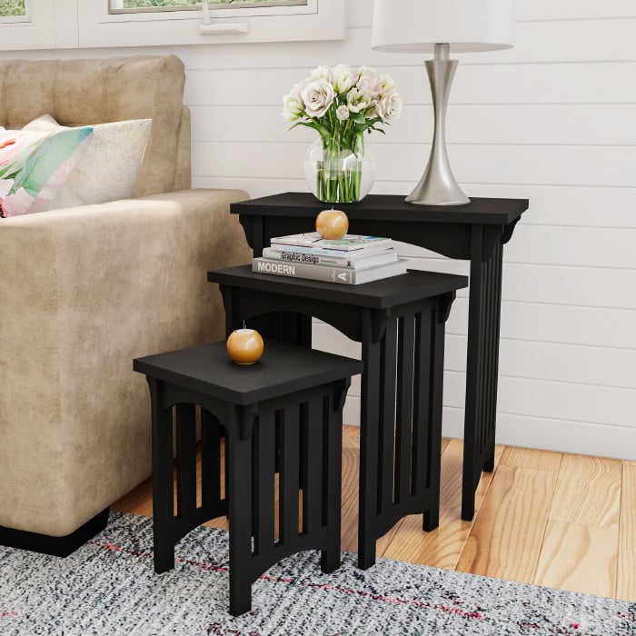 Black Nesting Tables-Set of 3, Traditional with Mission Style Legs for Living Room Coffee Tables or Nightstands Image 1