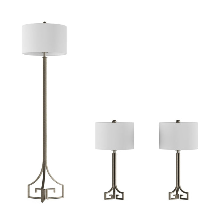 Greek Key Table and Floor Lamps-Set of 3 Modern Lights with LED Bulbs-Antique Silver with Ivory Shades Image 3