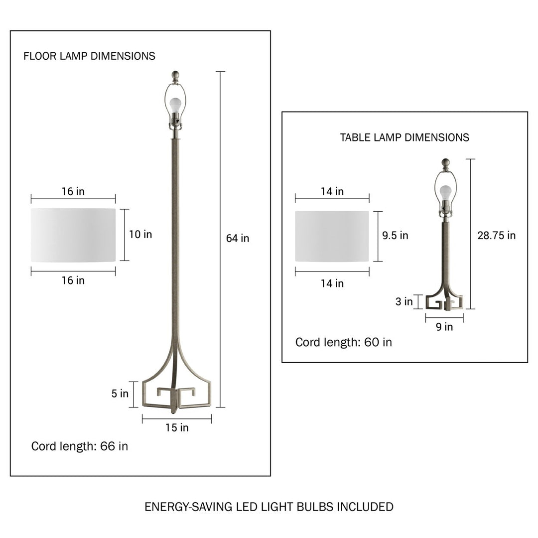 Greek Key Table and Floor Lamps-Set of 3 Modern Lights with LED Bulbs-Antique Silver with Ivory Shades Image 4