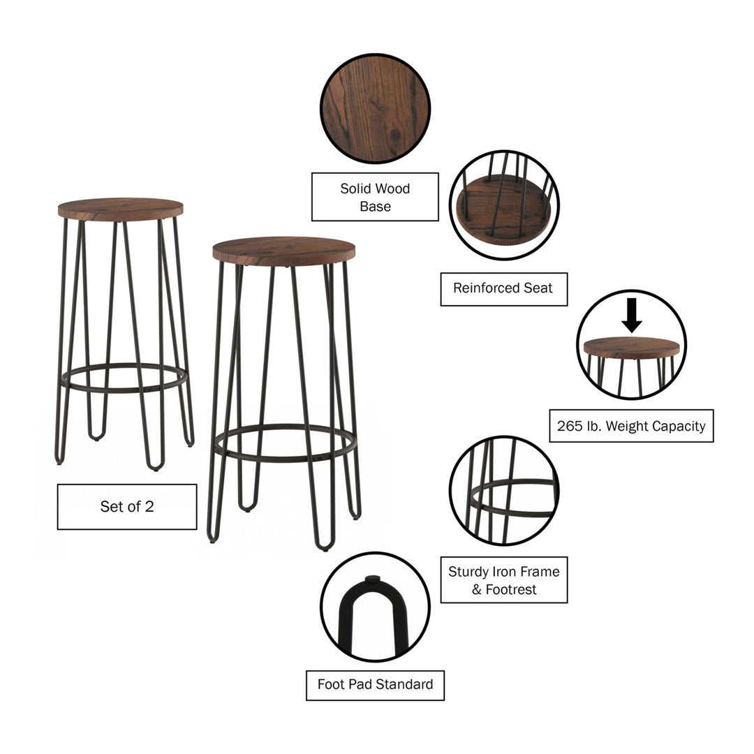 2 Pack Bar Height Stools-Backless Barstools with Hairpin Legs, Wood Seat-Kitchen or Dining Room Image 4