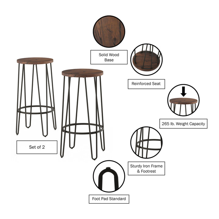 2 Pack Bar Height Stools-Backless Barstools with Hairpin Legs, Wood Seat-Kitchen or Dining Room Image 4