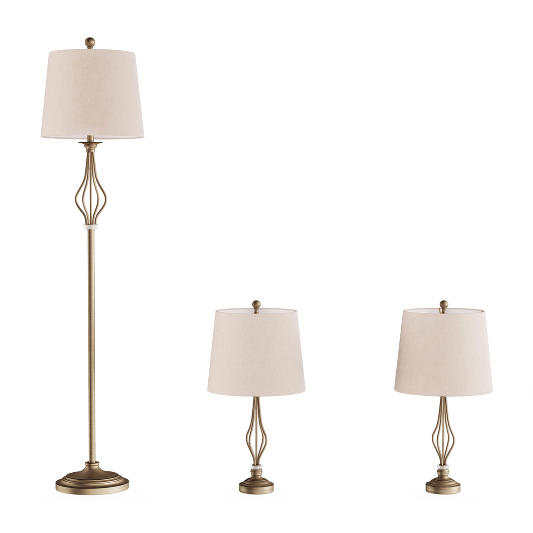 Matching Steel Table and Floor Lamps Set of 3 Distressed Gold Lighting LED Bulbs Image 3