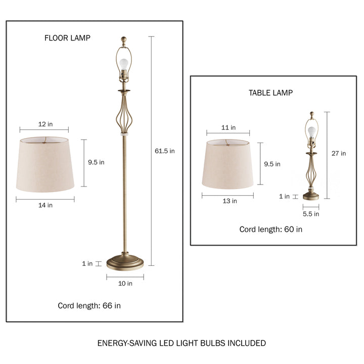 Matching Steel Table and Floor Lamps Set of 3 Distressed Gold Lighting LED Bulbs Image 4