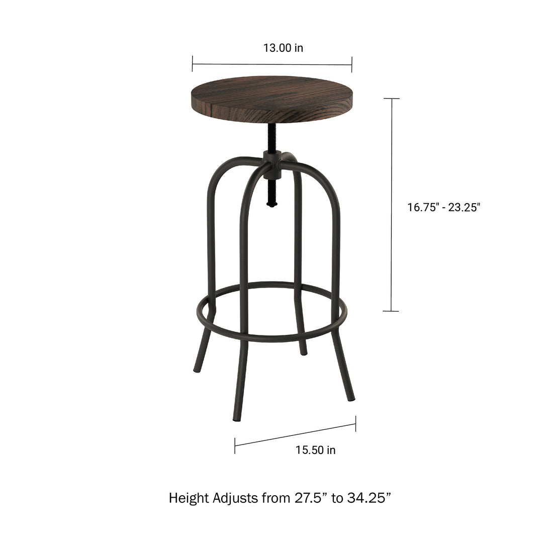 Swivel Bar Stool-Adjustable Backless Bar or Counter Height Kitchen Stool-Metal with Elm Wood Seat Image 2
