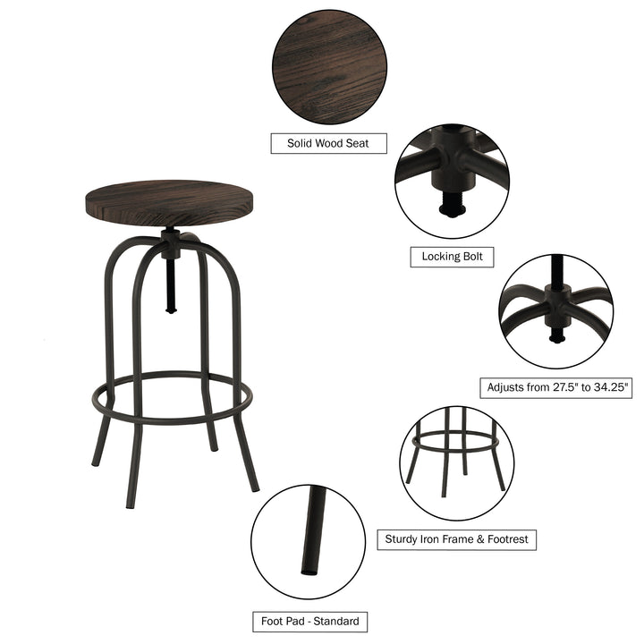 Swivel Bar Stool-Adjustable Backless Bar or Counter Height Kitchen Stool-Metal with Elm Wood Seat Image 4