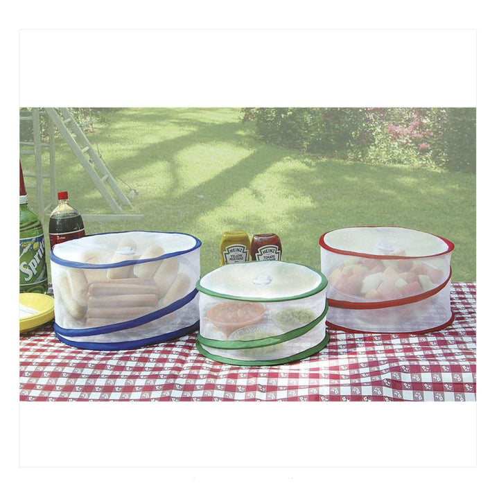 Chef Buddy 3-Pack Outdoor Food Covers Mesh Pop-Up Pest Protection Green Red Blue Image 1