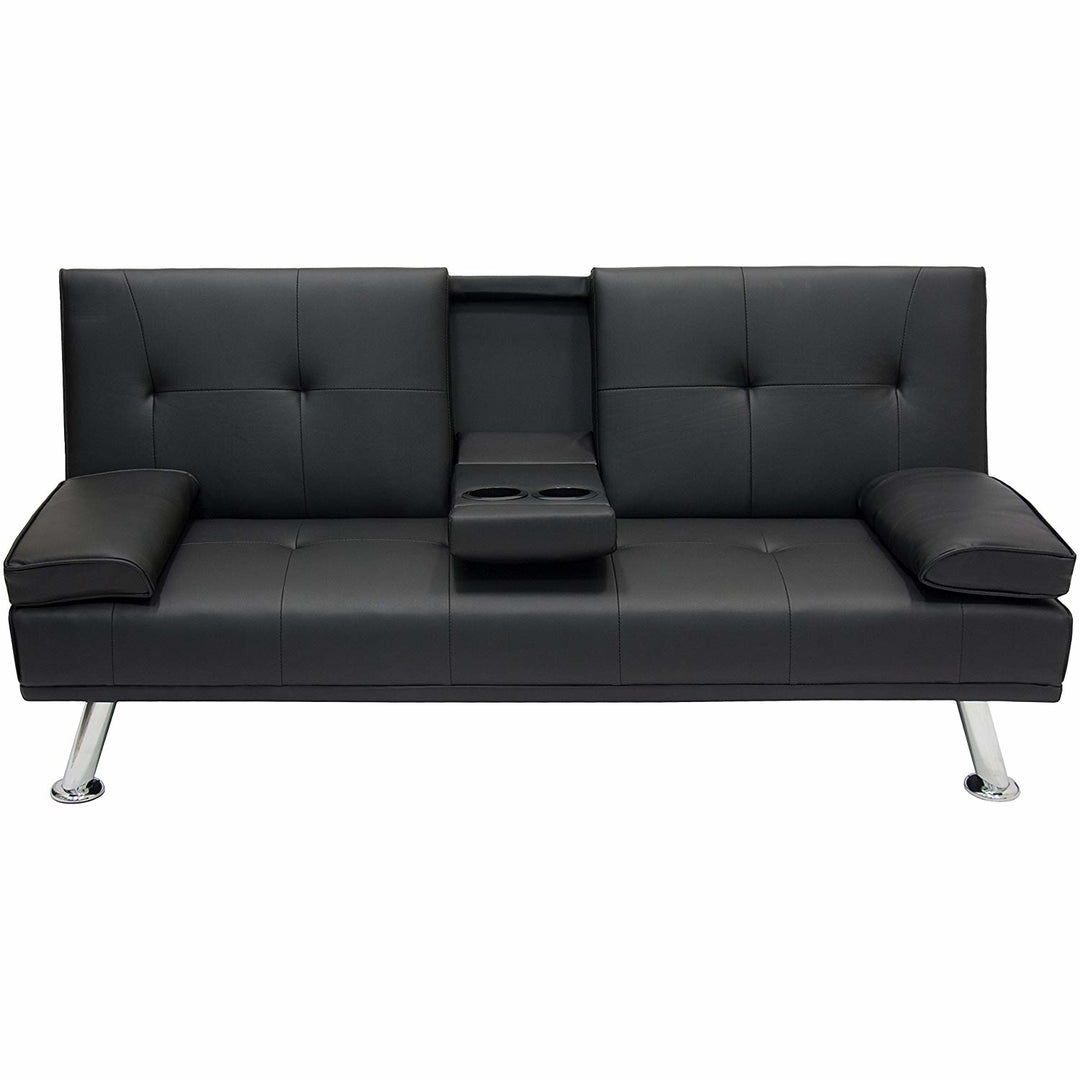 Best Choice Products Modern Faux Leather Futon Sofa Bed Fold Up and Down Recliner Couch with Cup Holders - Black Image 1