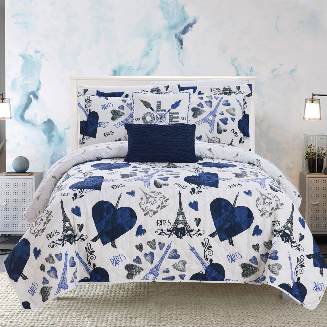 Alphonse 5 or 4 Piece Reversible Quilt Set "Paris Is Love" Inspired Printed Design Coverlet Bedding Image 1