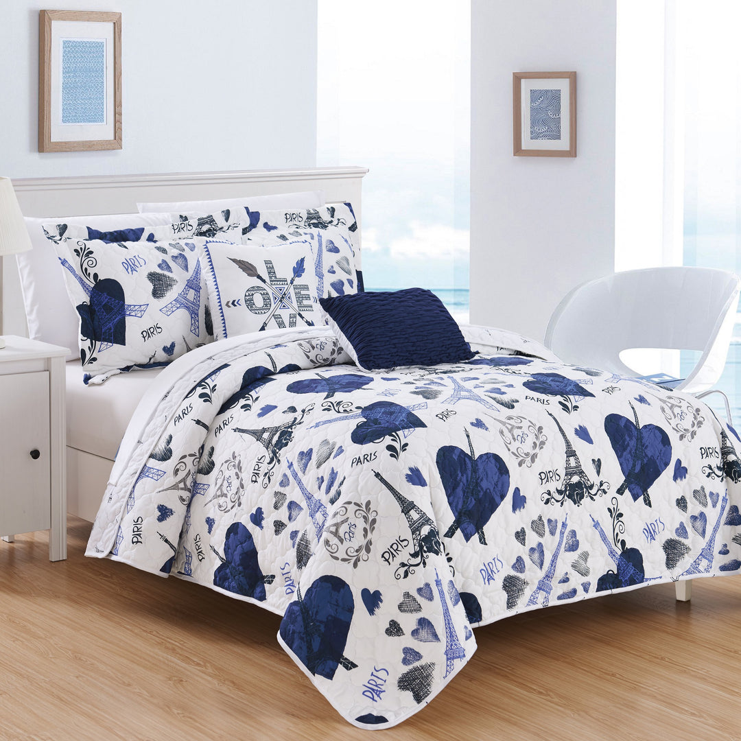 Alphonse 5 or 4 Piece Reversible Quilt Set "Paris Is Love" Inspired Printed Design Coverlet Bedding Image 4