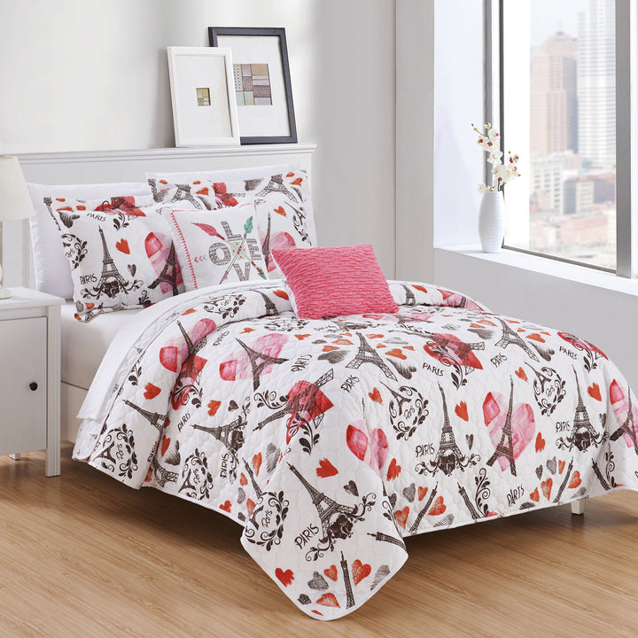 Alphonse 5 or 4 Piece Reversible Quilt Set "Paris Is Love" Inspired Printed Design Coverlet Bedding Image 3