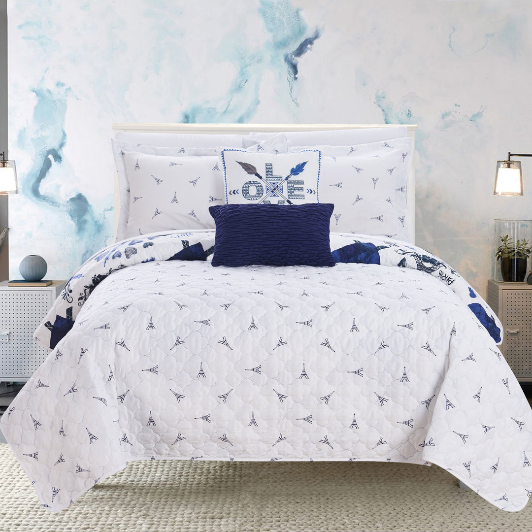Alphonse 5 or 4 Piece Reversible Quilt Set "Paris Is Love" Inspired Printed Design Coverlet Bedding Image 6