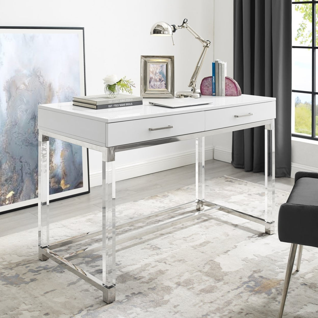 Jerome Writing Desk High Gloss Acrylic Legs Metal Base 46.5 Inch Modern Design Image 1