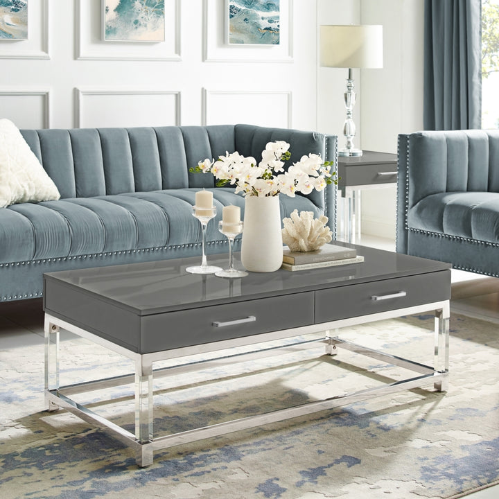 Jerome Coffee Table High Gloss Acrylic Legs Metal Base Modern Design 48x34 Image 3