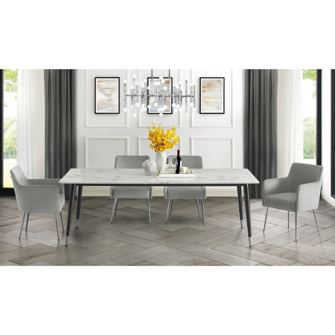 Nicole Miller Vivaan Dining Table-Rectangular Marble Top-Metal Black Leg Silver Tip-Modern Design Image 12