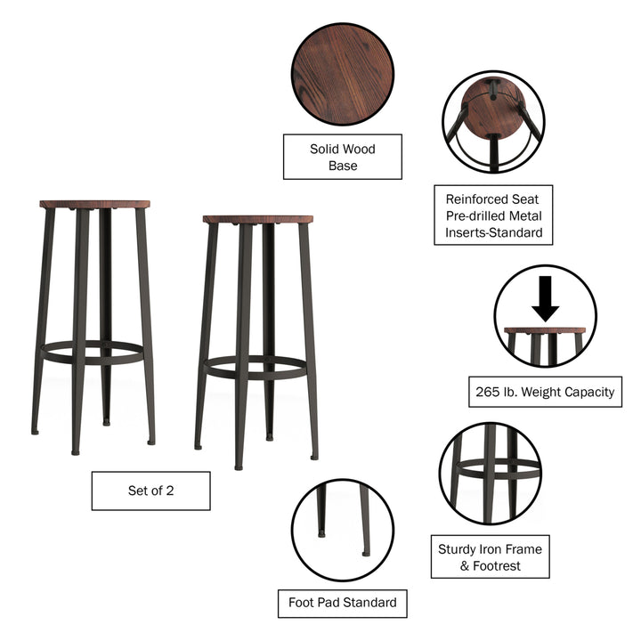 2 Pack Bar Height Stools Metal Base, Wood Seat Modern Farmhouse Accent Furniture Image 3