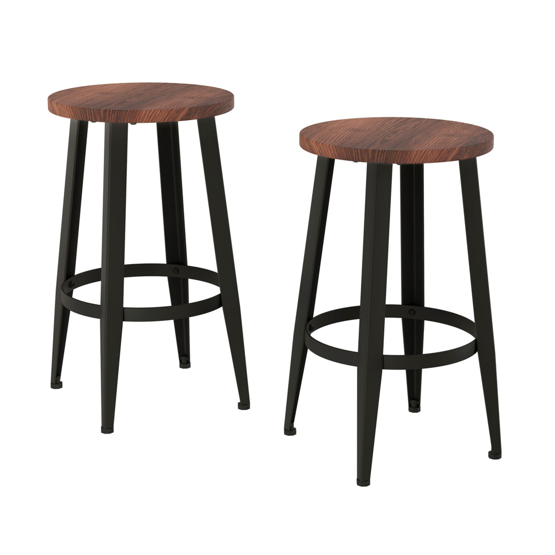 Set of 2 Counter Height Stools Wood Seat Metal Iron Legs 24 In Kitchen Seating Image 1