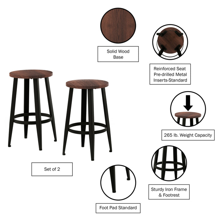 Set of 2 Counter Height Stools Wood Seat Metal Iron Legs 24 In Kitchen Seating Image 3