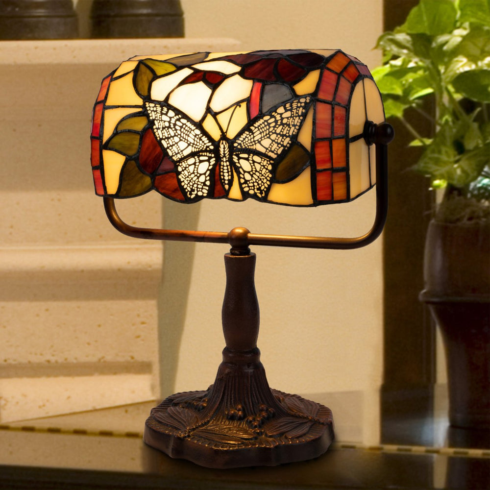 Tiffany Style Bankers Table Desk Lamp Stained Glass LED Bulb Lighted Artwork Image 2