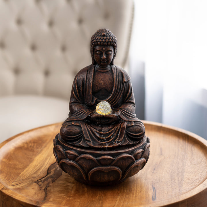 Tabletop Water Fountain Buddha Figure LED Glass Ball Soothing Sound Indoor Image 1