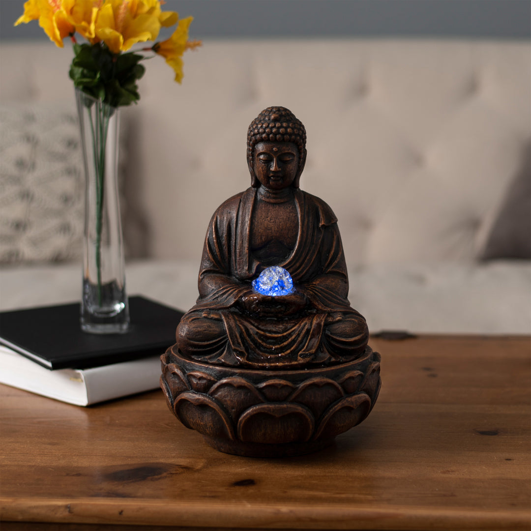 Tabletop Water Fountain Buddha Figure LED Glass Ball Soothing Sound Indoor Image 4