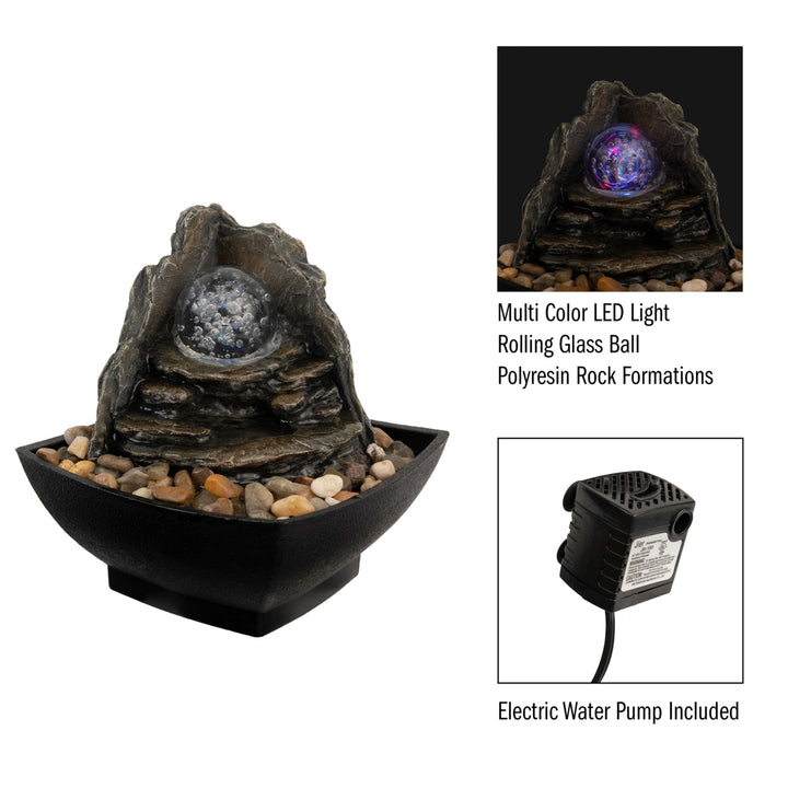 Tabletop Water Fountain Faux Rock Stones Cavern LED Light Glass Rolling Ball Image 3