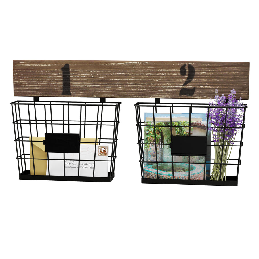 Hanging Double Wire Basket Organizer Matte Black Distressed Wood 24in Storage Bins Image 1