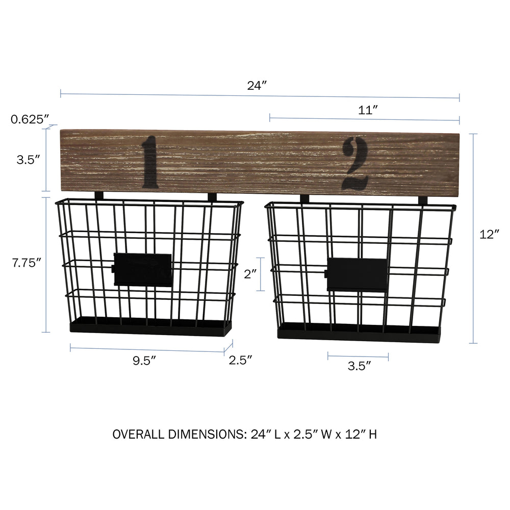 Hanging Double Wire Basket Organizer Matte Black Distressed Wood 24in Storage Bins Image 2