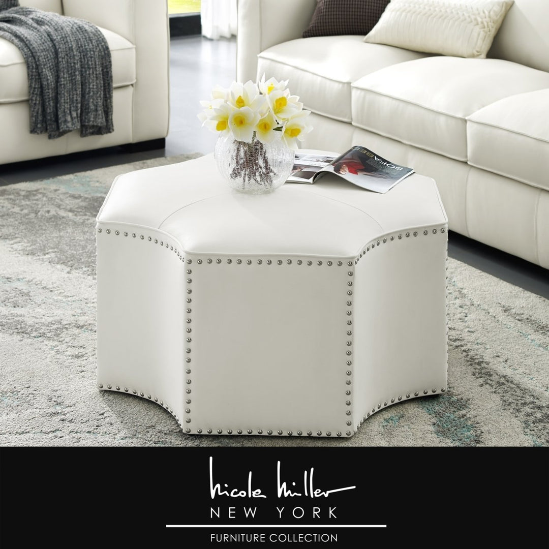 Nicole Miller Rey Octagon Cocktail Ottoman-Single Tufted-Chrome Nailhead Trim Image 2