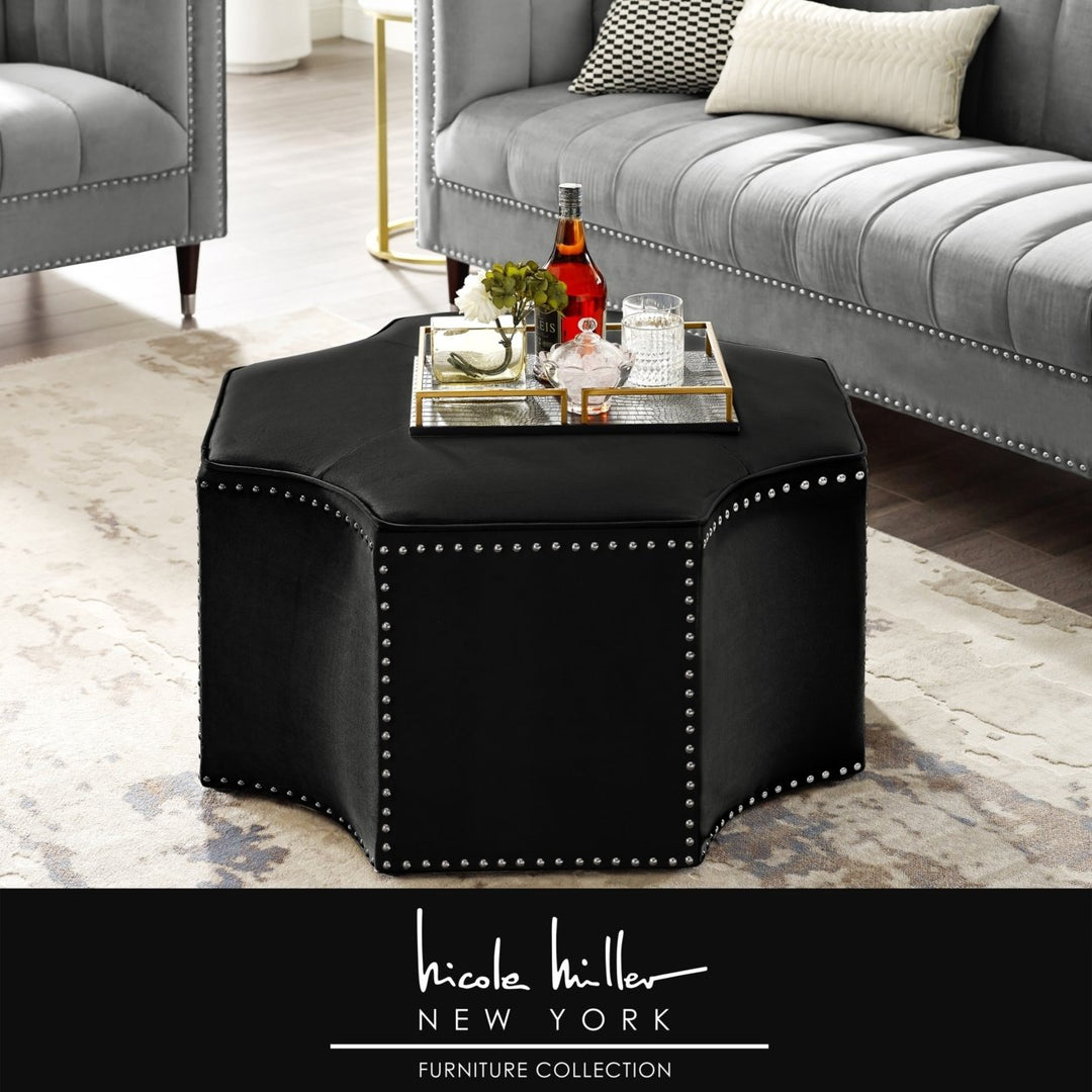 Nicole Miller Octagon Cocktail Ottoman Velvet Chrome Nailhead Trim 33x38 Image 3