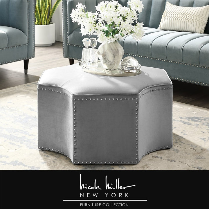 Nicole Miller Rey Octagon Cocktail Ottoman-Single Tufted-Chrome Nailhead Trim Image 4